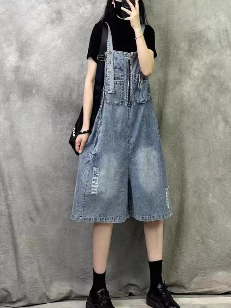 

Корейские свободные потертые короткие джинсы большого размера Y2k, летние комбинезоны для девочек, широкие джинсовые шорты, винтажный комбинезон, комбинезоны на подтяжках