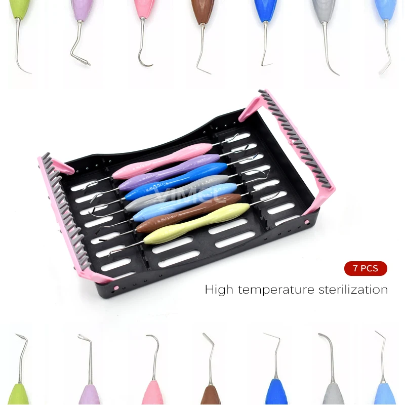 7pcs/set Dental Composite Resin Filling Restorative Kit with Disinfection Box Silicone Handle Dental Filling Instruments