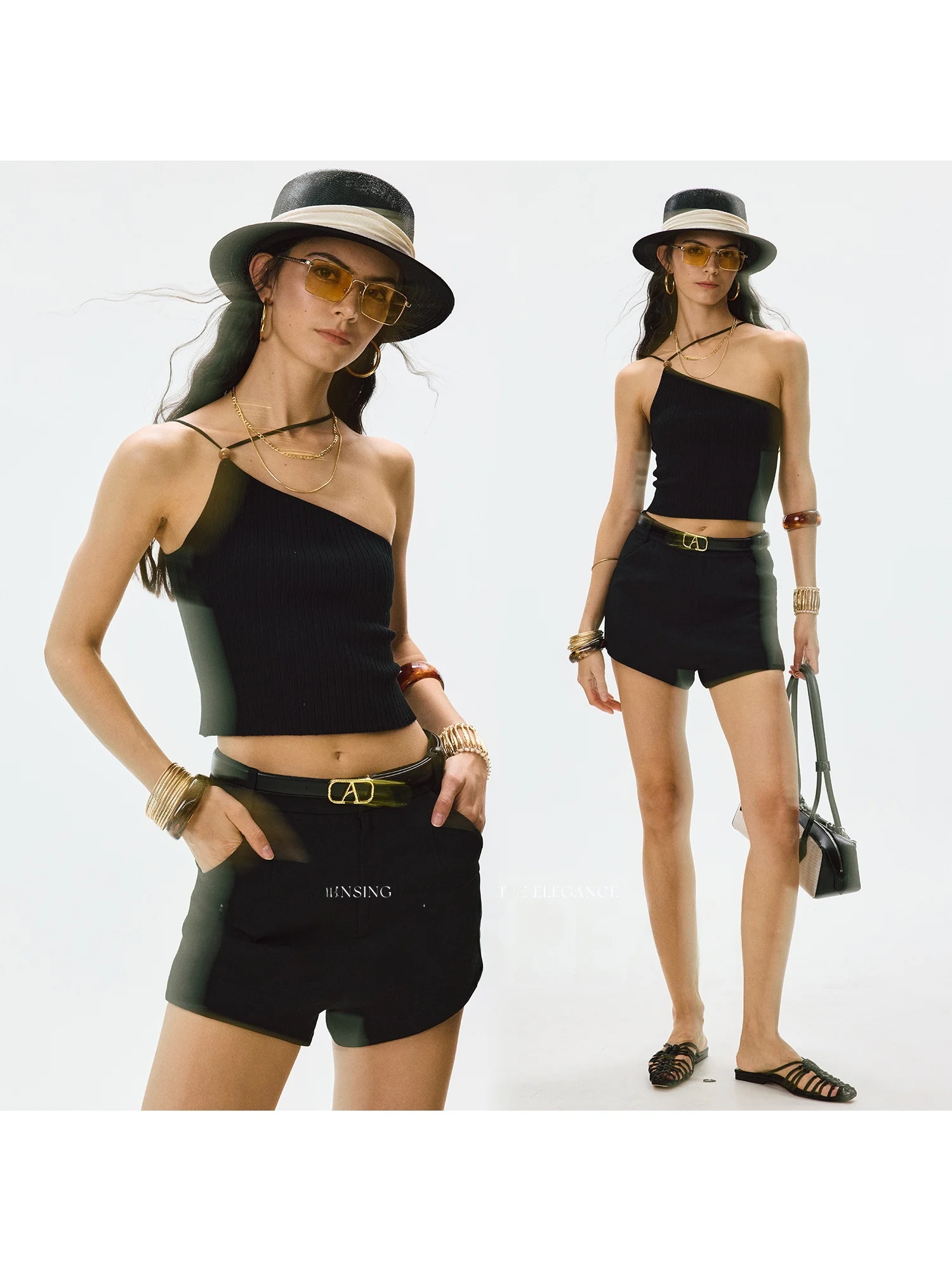 

Annaspeak Cool Summer Silk Asymmetrical oulder Strap Vest Women's Faion Versatile Sle ort Length Color