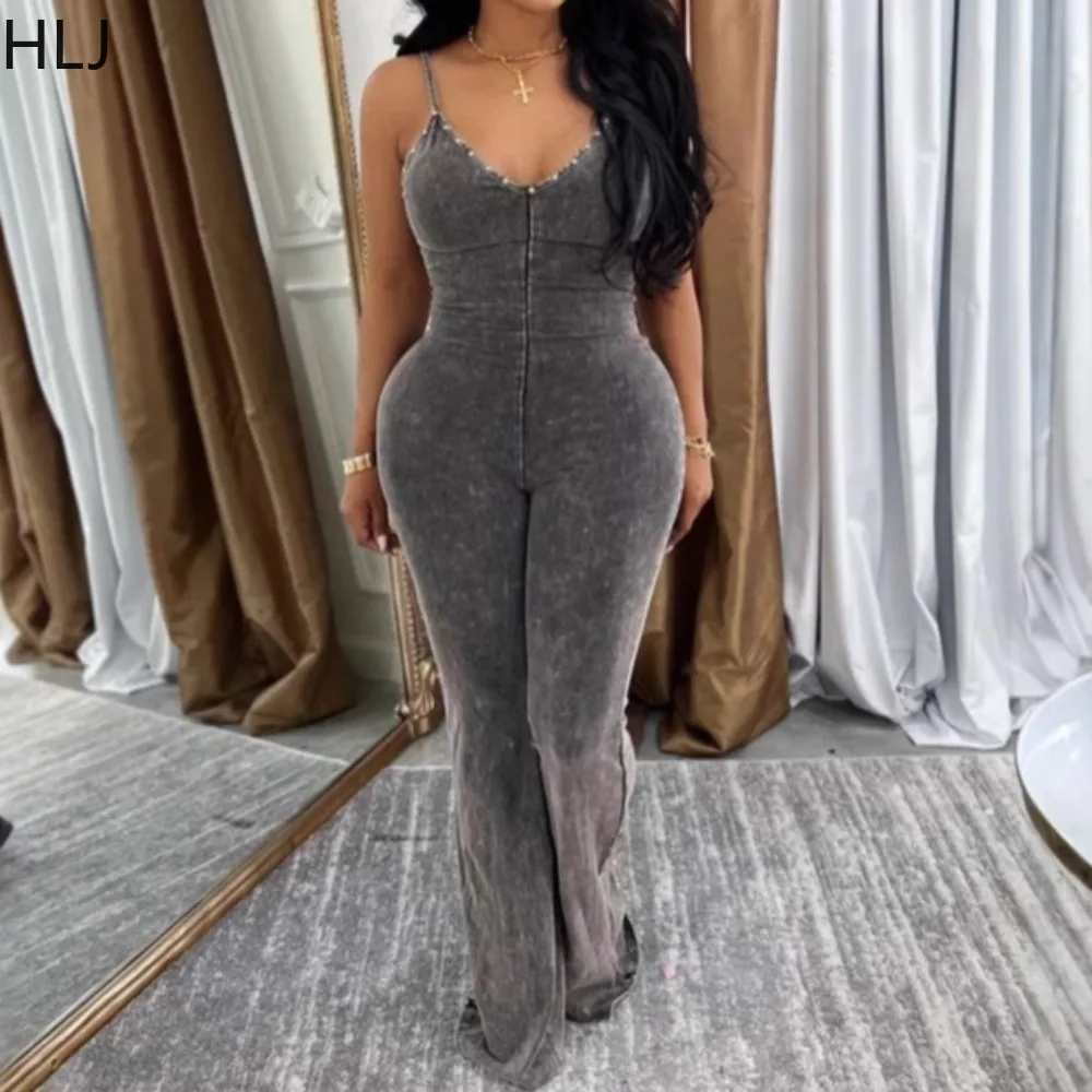 HLJ&GG Sexy Tie-dye Bodycon Jumpsuits Women Spaghetti Strap Deep V Neck Backless Rompers Female Streetwear Overalls Summer New