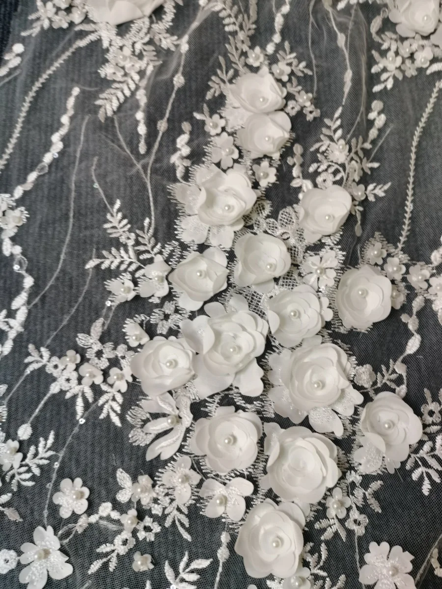 Off White 3D Flower Applique With Pearls Bridal Wedding Dress Fabbric Luxury African Lace Fabric 1Yard