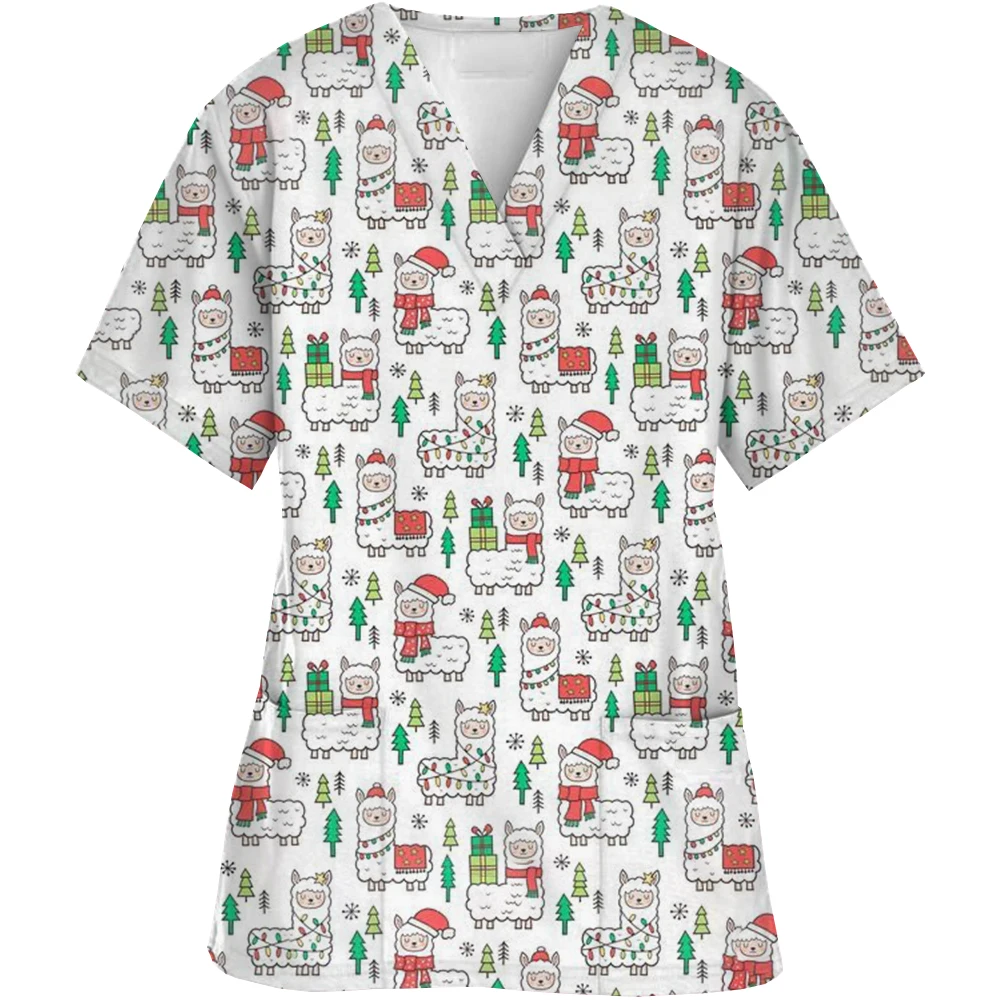 Fashion Surgical Uniforms Holidays Christmas Prints Style Pocket Design Surgical Costume Women V-Neck Short Sleeve Nurse Medical