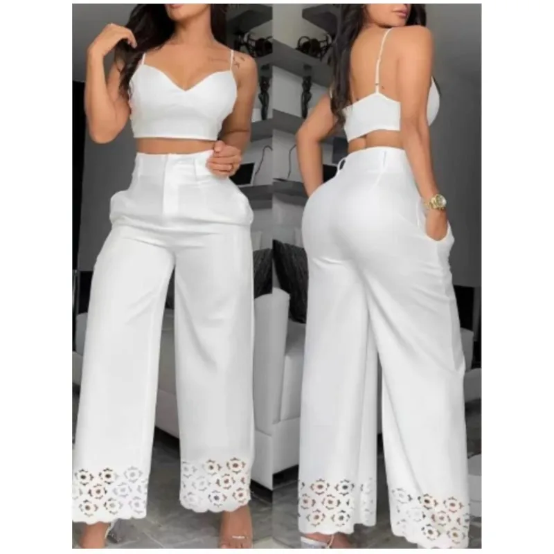 Summer Sexy 2 Piece Set Women V-Neck Strap Shirred Slim Crop Top & Lace-up Wide Leg Pants Sets Elegant Holiday Lady Suit