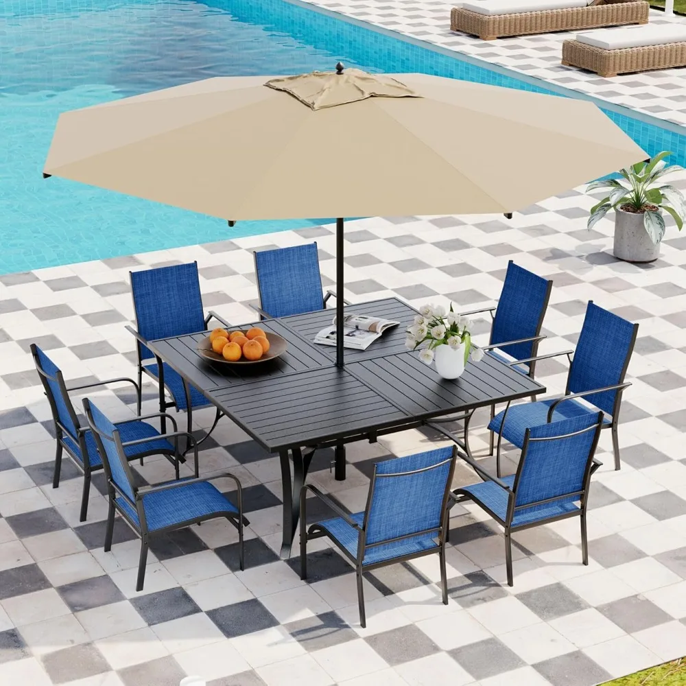 

9 Pieces Patio Dining Table Set, Dining Table Set for 8 with Chairs, Patio Table with Umbrella Hole, Square Metal Dining Table w