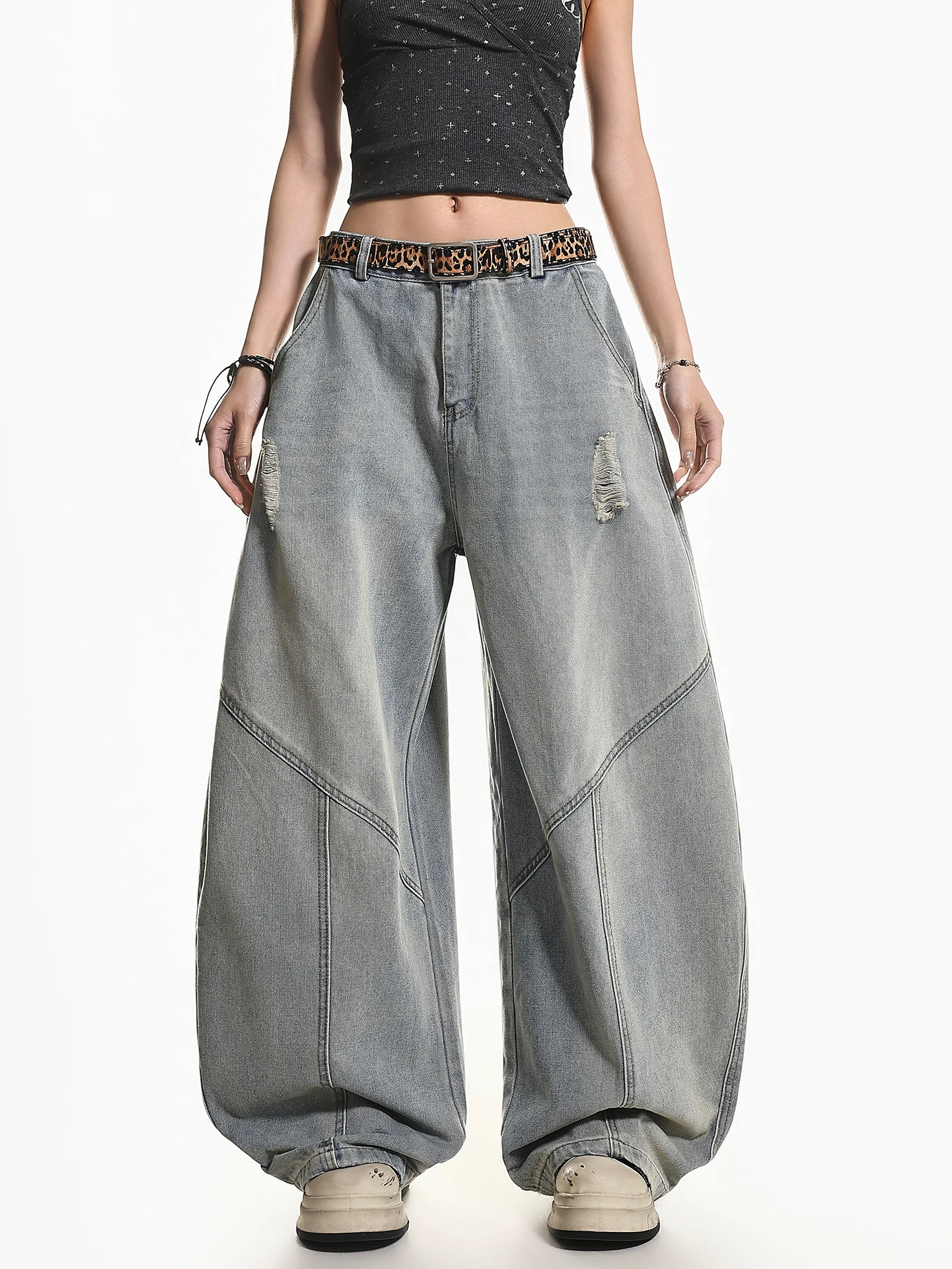 

Женские летние джинсы XPKAEAX в американском ретро-стиле с эффектом потертости, рваные, с высокой талией, свободные, широкие штанины