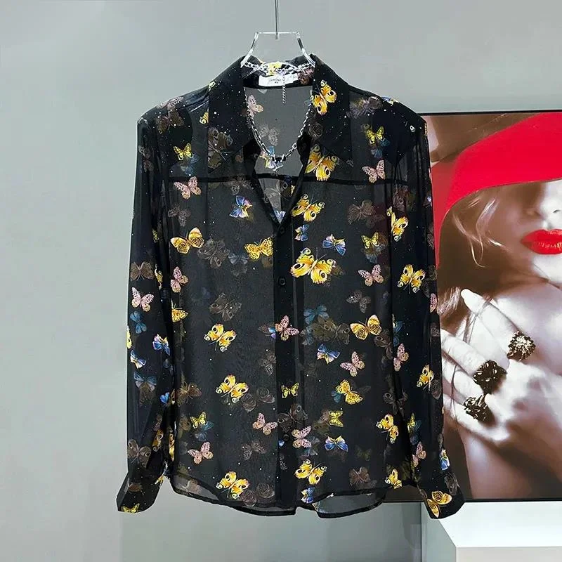 Summer New Gold Foil Shirt Men's Thin Slightly Transparent Personality Design Long Sleeve Single-breasted Male Tops FDE45