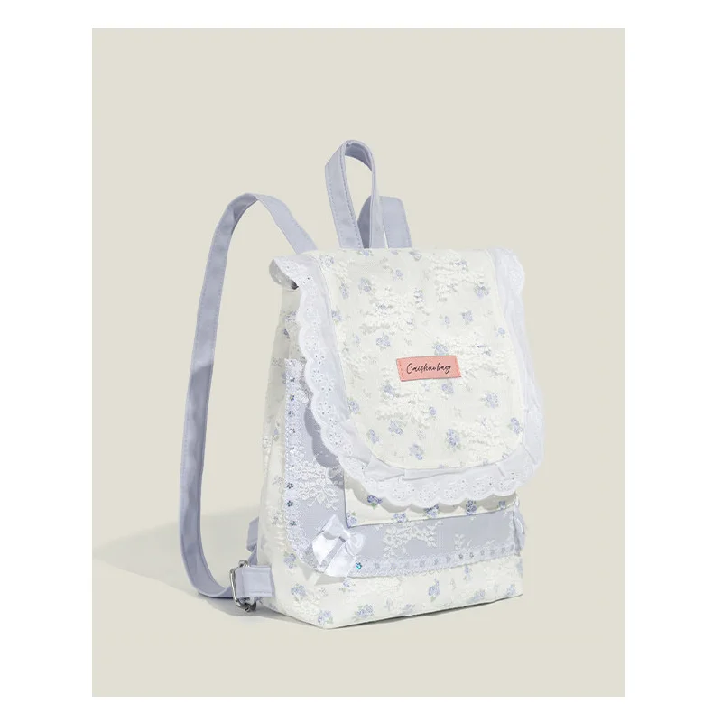 French Fresh Sweet Rustic Lolita Girl Bag Romantic Dreamy Purple Floral Ruffle Lace Embroidery Flower Cute Casual Backpack