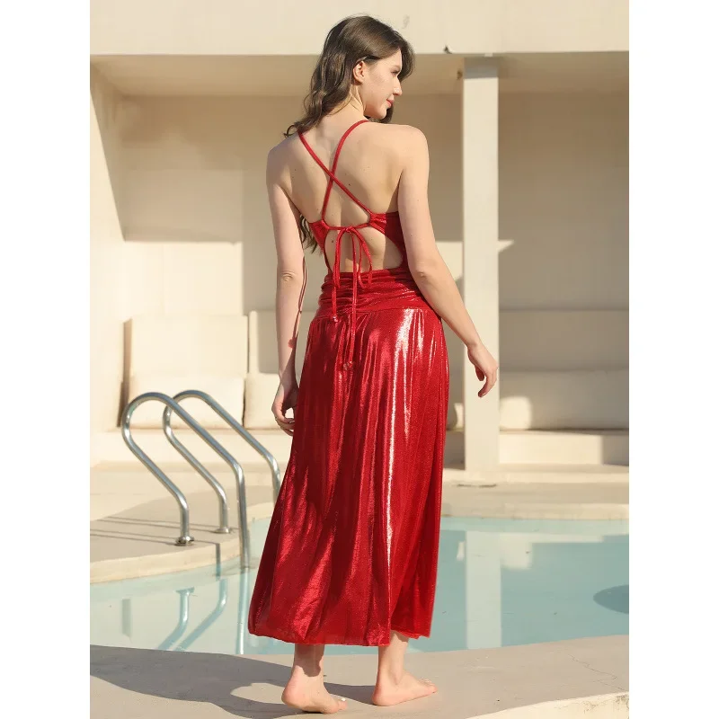 2025 Swimsuit Sequin Rhinestone V-neck Strap Shiny One-piece Swimsuit Set for Women