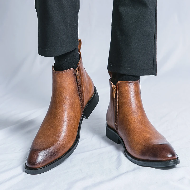 

Autumn and Winter Chelsea Men Boots with Pointed Side Zipper Retro Simple Fashionable Business Formal Casual Short Boots