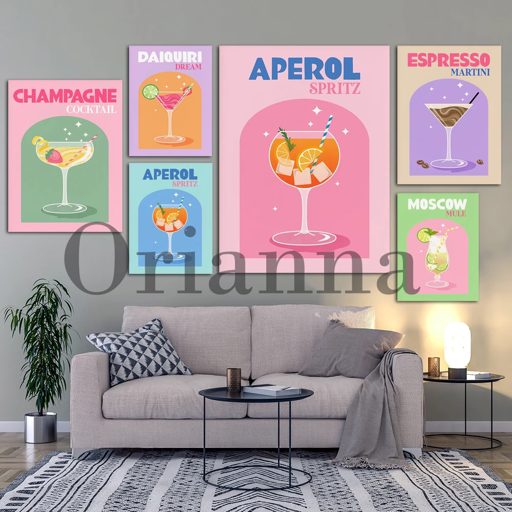 Moscow Mule Margarita Aperol Spritz Colorful Retro Cocktail Wall Art Prints Posters Modern Living Room Kitchen Decor Painting