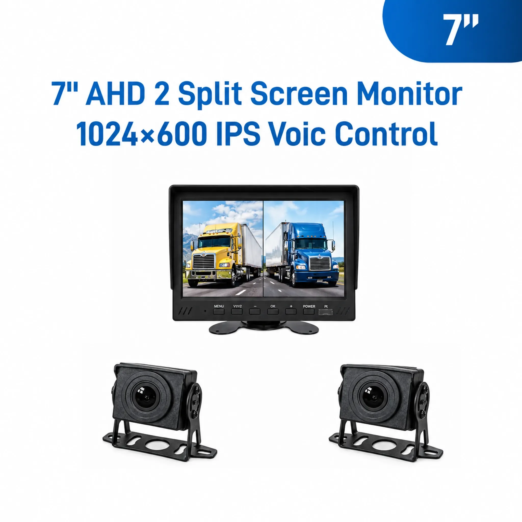 7 Inch IPS 1024*600 AHD 2CH Split Screen Truck Monitor Voice Control + AHD Camera + Cable Kit For Truck Bus RV Trailer 12-24V
