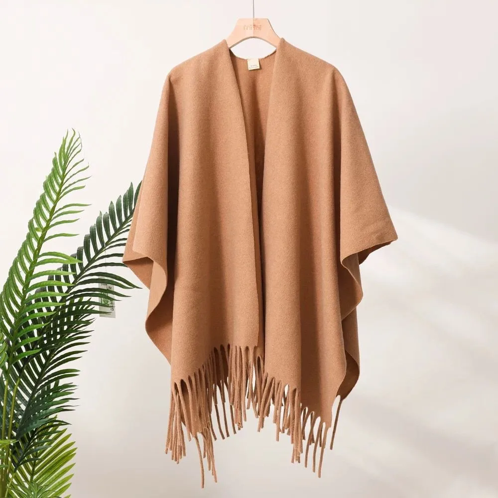 Trendy New Solid Color Tassel Cashmere Shawl Women's Autumn And Winter Fashion All-Match Foreign Trade High-End Warm Outer Cape