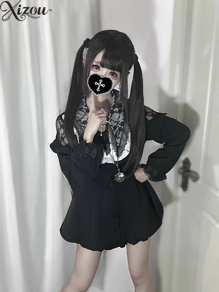 

2025 Mine Y2K 2 Piece Set Japanese Kawaii Gothic Plaid Dress Shorts Lace Bow Outfit Long Sleeve Summer Short Sleeve Harajuku