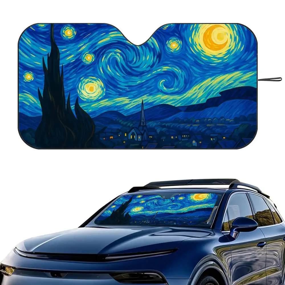 

V-Van Gogh's Starry Night Car SunShade Windshield Foldable Three-layer Insulation Sunshade By Suction Cup Blocks UV Rays Sun
