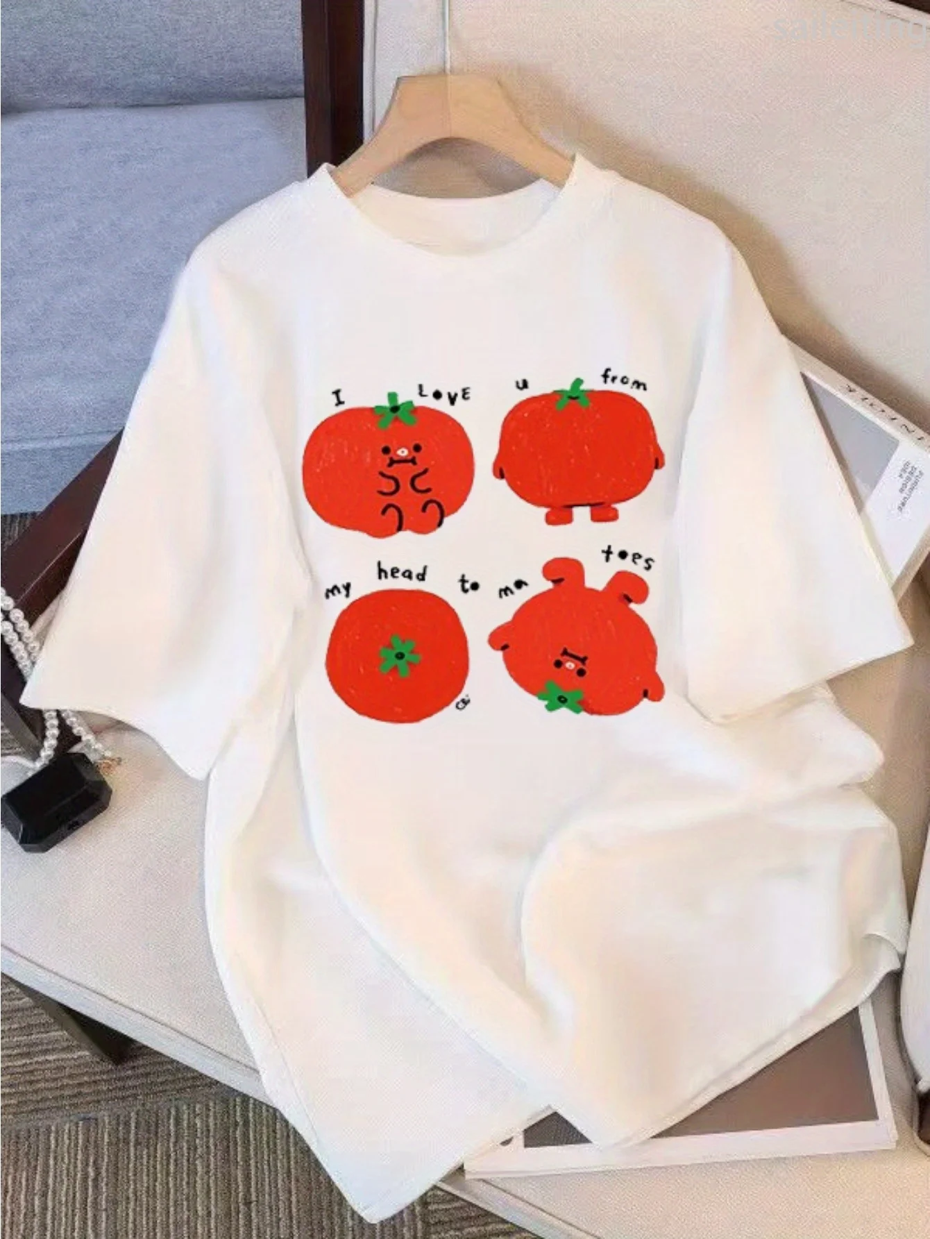 Women's Short Sleeve T-Shirt with Playful Tomato Cartoon Print & 