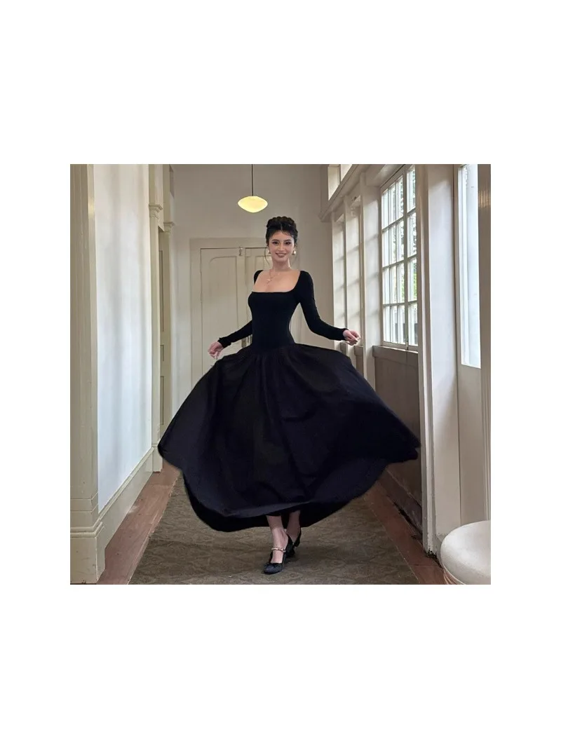 프렌치 빈티지 긴 소매 스퀘어 칼라 드레스 슬림 웨이스트 디자인 가을 신상 우아한 여성 미디 드레스 풀 슬리브