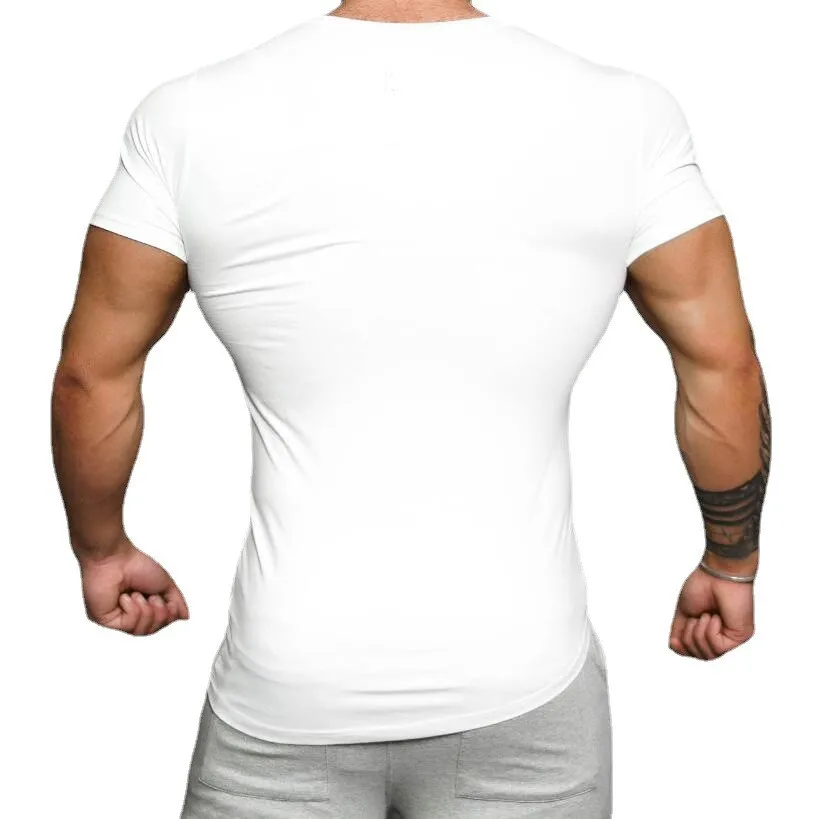 Summer Large Round Neck Cotton Short Sleeve T-shirt Mens Irregular Hem Slim Fit T Shirt Gym Clothing Bodybuilding Fitness Tshirt