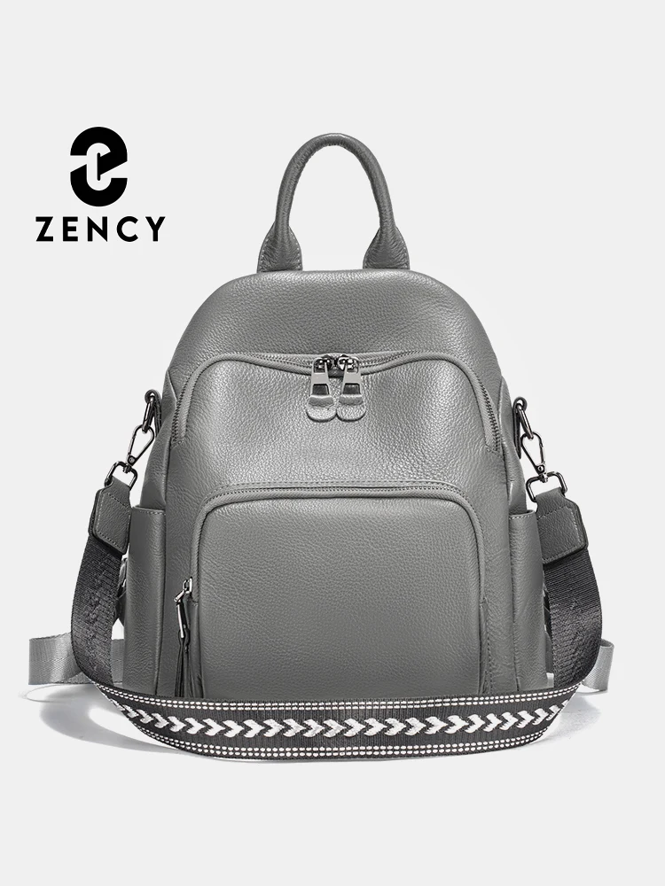 Zency 100% Genuine Leather Small City Backpack for Women Large Capacity Rucksack Natural Shoulder Bag Multi Pockets 2026 New
