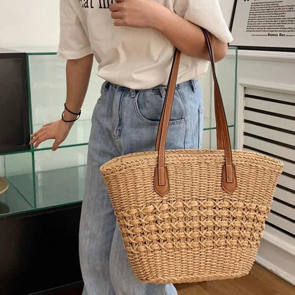 Women Casual Straw Handbags Wicker Woven Shoulder Bags Summer Beach Straw Bag Large Capacity Tote Lady Big Purses