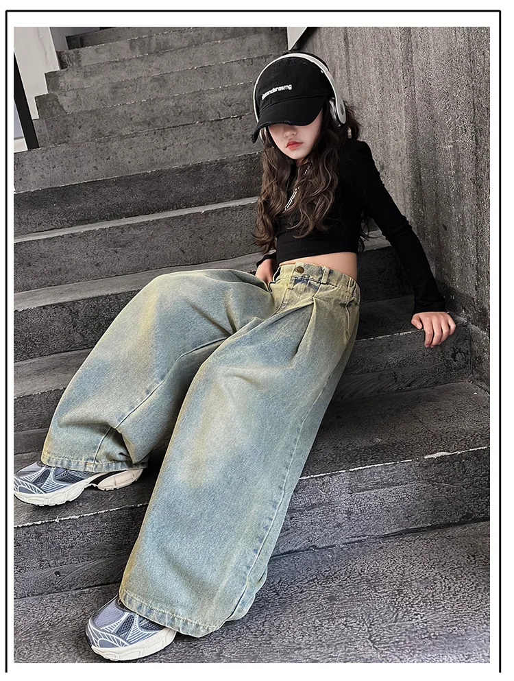 5-14 Jahre Mädchen-Jeans Frühling Herbst Junior Kinder Vintage Street-Style Weite Bein Denim-Hose Koreanische Teenager Streetwear Hose – Detail 6