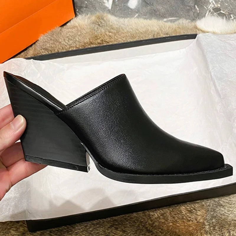 

Chunky Wedge Heel Leather Sandals Black/White Pointy Closed Toe Mules Slip On Casual Outside Footwear Women Shoes