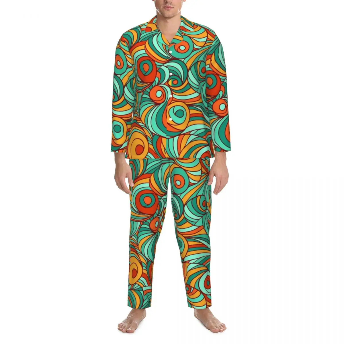 

Pajamas Male Swirling Retro 70S Bedroom Nightwear Abstract Lines Print Vintage Pajama Sets Comfortable Oversized Home Suit