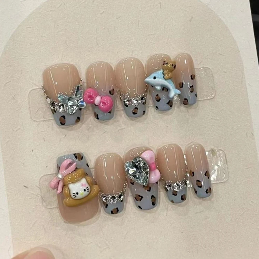 10Pcs Sanrio Black Skin Hello Kitty French Handmade Fake Nail Hottie Y2K Leopard Print Bow Rhinestone Acrylic Party Nail Sticker