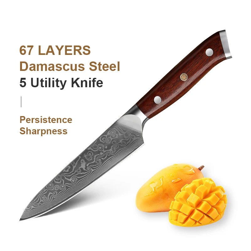 

5-Inch Kitchen Utility Knife 67 Layer Damascus Steel Premium Steel Multi-Purpose Kitchen Chef Fruit Knife Rosewood Handle