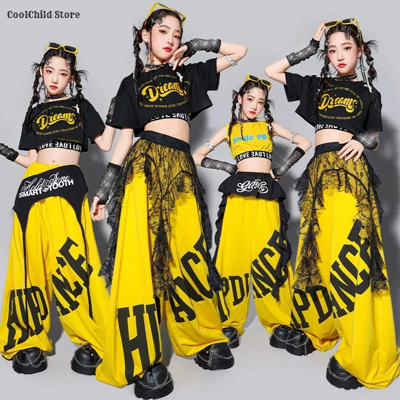 Girls K-pop Crop Top Street Dance Letters Sport Loose Pants Children Hip Hop Streetwear Kids Jazz Girl Group Costume Clothes Set