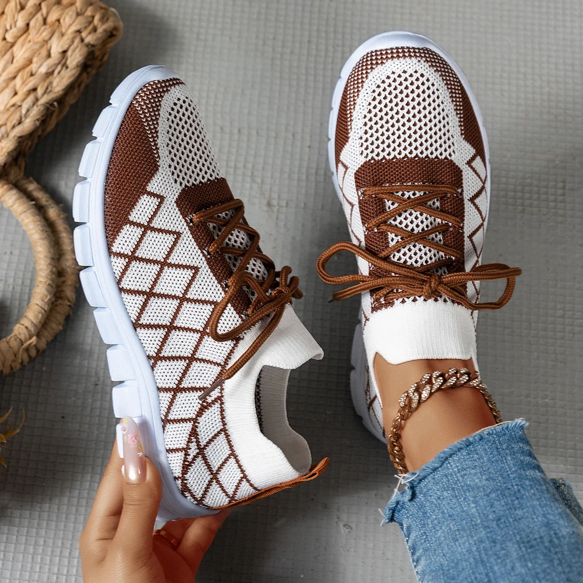 Women Knit Sock Sneakers, Rhombus Pattern Breathable Lightweight Comfortable Lace‑Up Flat Shoes Ladies Daily Casual Sport Shoes - view 3
