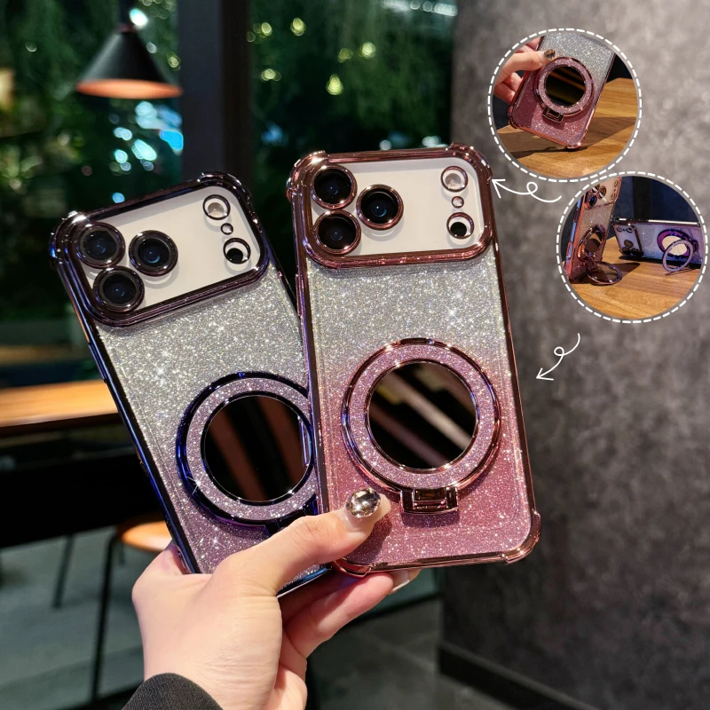 Plating Four Corner Shockproof Gradient Glitter TPU Makeup Mirror Holder Phone Case For iPhone 17 Pr
