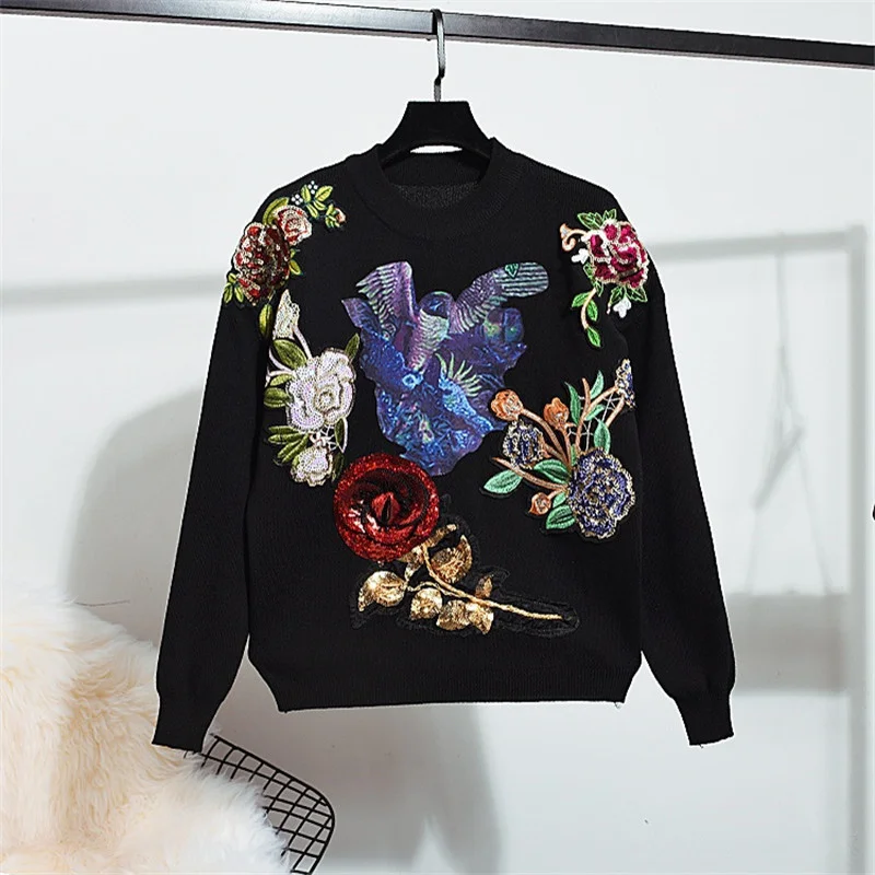 Fashion Sequins Flowers Knit Tracksuit Women Set Loose Black Gary Knitted Pullover Sweater Pencil Pants Two Piece Outfits Female