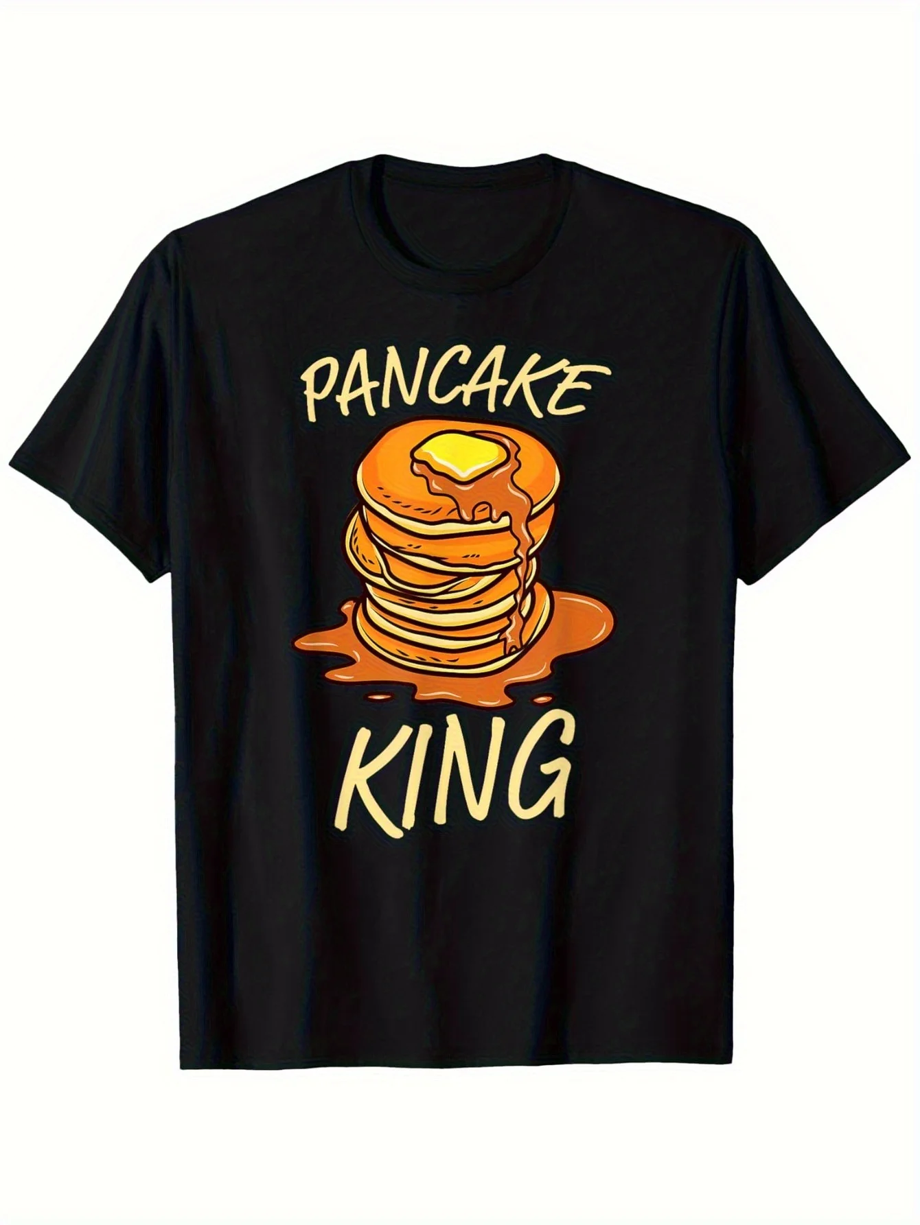 Pancake King Print T-Shirt, Unisex Casual Short-sleeve Round-neck Top, Featuring a Cute Kawaii Pancake Stack Design, Comfortable