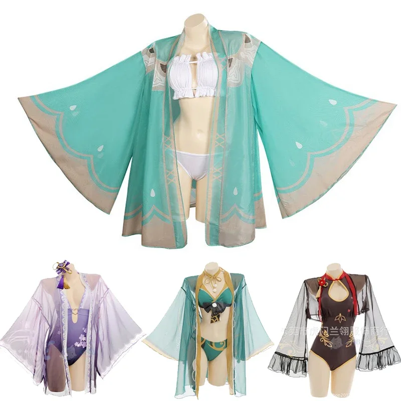 Genshin Impact ชุดว่ายน้ำคอสเพลย์ผ้าพันแผลจับจีบ Raiden shogu บิกินี่ชุดอาบน้ำชายหาดคลุมขึ้นฤดูร้อน