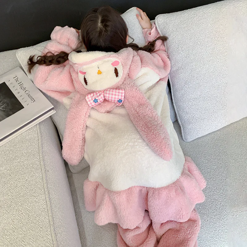 My Melody Girl Coral Fleece Pajamas Autumn Winter Sanrios Plus Velvet Thicken Girl Child Flannel Kawaii Cartoon Lounge Clothes