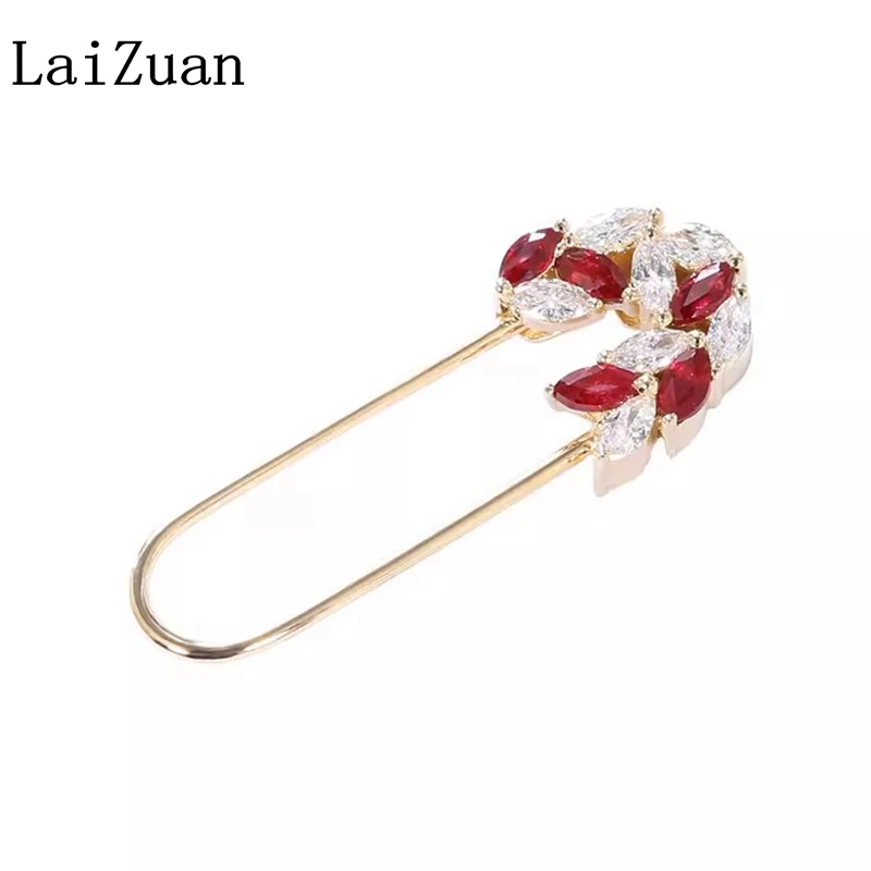 Laizuan Genuine Solid 18k Yellow Gold Marquise Ruby Natural Diamonds Brooch Anniversary Personality Trendy Jewelry Handcrafted