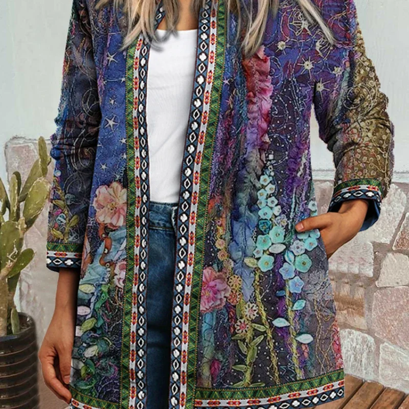 

2023 Amazon Autumn Winter Outwear New Retro National Style Printed Parkas Long-sleeved Jacket Cardigan Coat Women Wear Overcoat