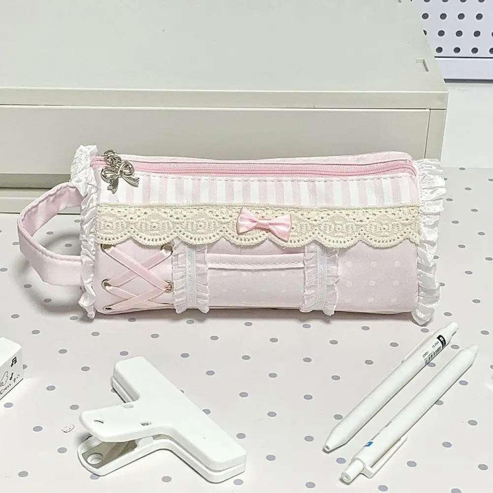 Cute Pink Lace Pencil Case Large Capacity Kawaii Pen Bag Portable Student Stationery Pouch Makeup Cosmetic Bag Gift