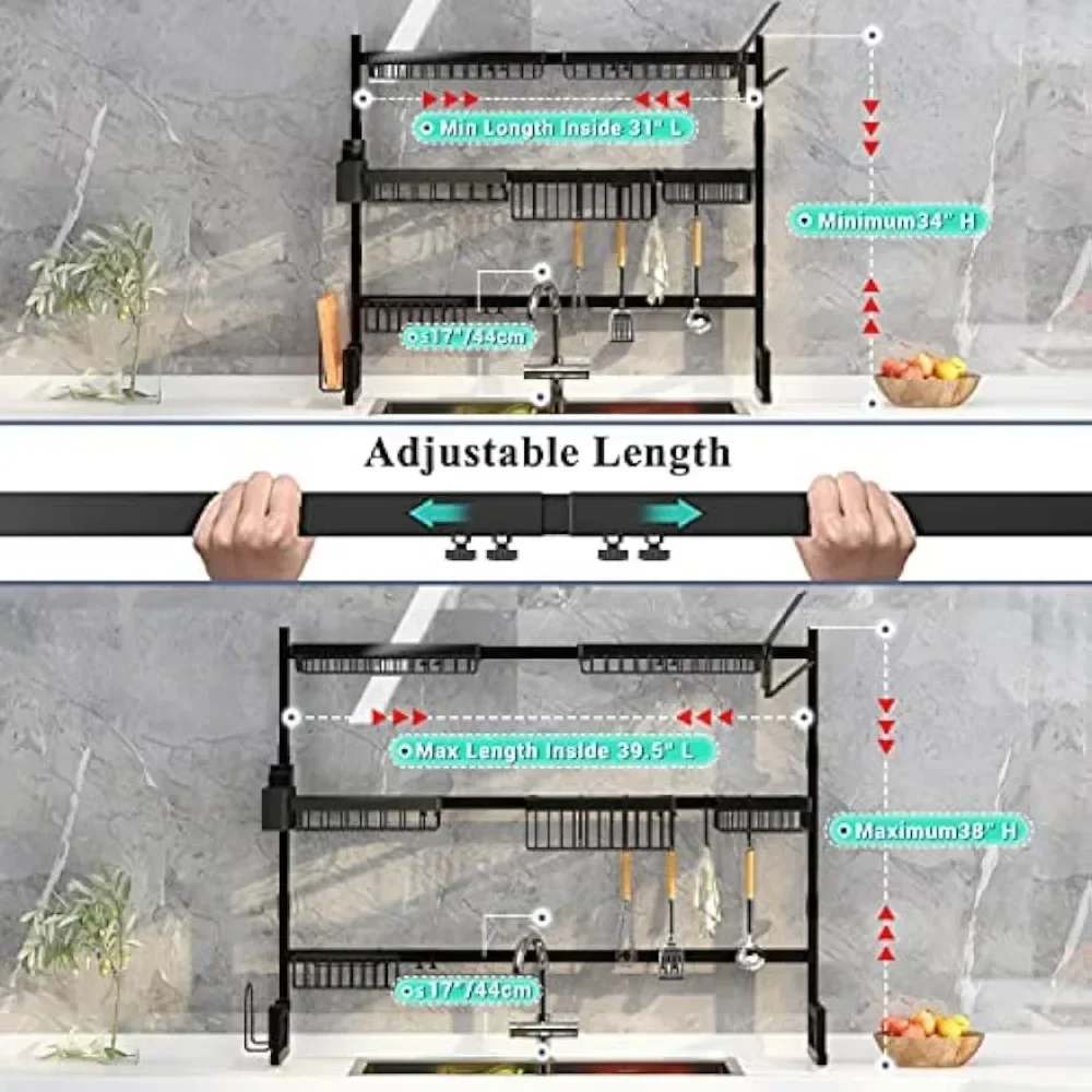 ADBIU Over Sink (31inch≤Sink Size≤39.5inch) Dish Drying Rack (Expandable Height/Length) Snap-On Design  Kitchen Large