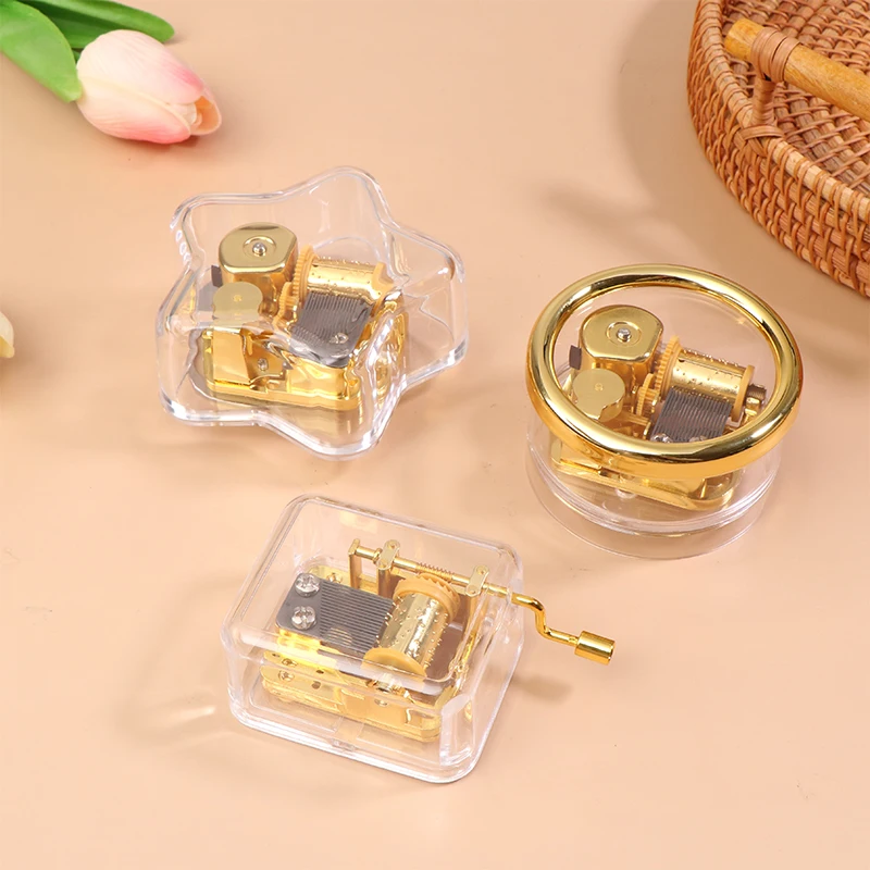 Creative Hand Operated Music Case Mini Acrylic Transparent Metal Movement Octave Box Home Car Decoration Couple Birthday Gifts