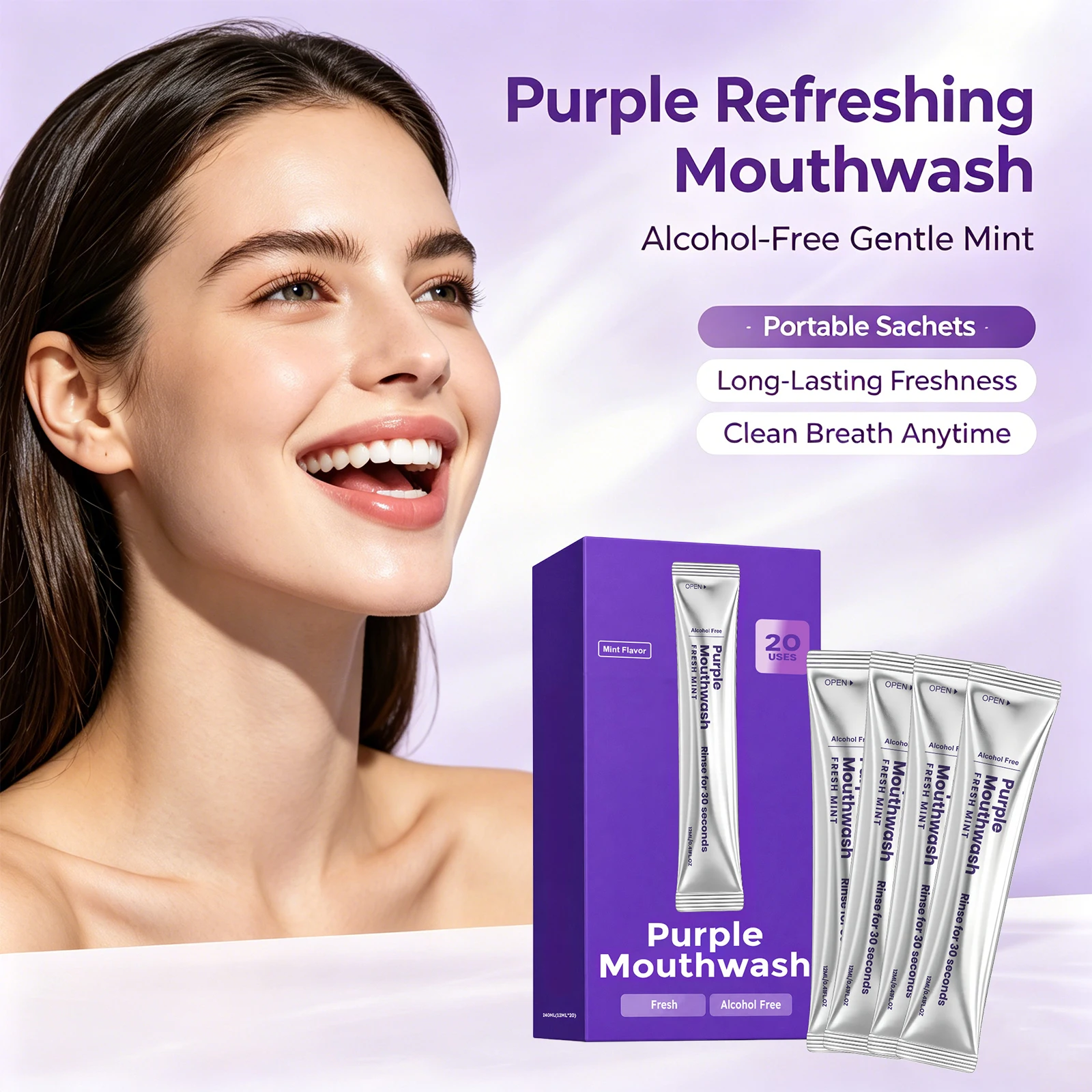 Whitening Mouthwash - 보라색 구강청결제 스트립 알코올 프리, 오래