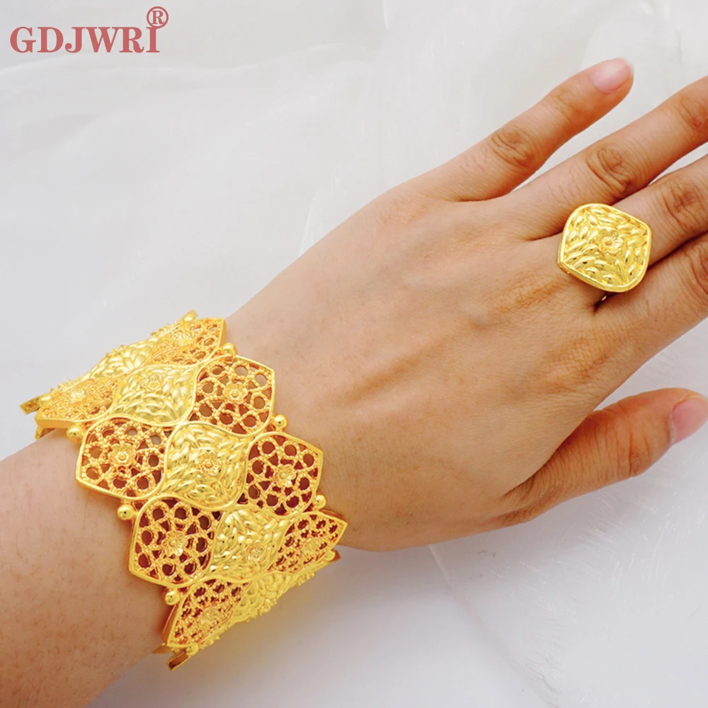 Dubai New Luxury Female Gold Color Bangles&Ring For Women Nigerian Wedding Jewelry Gifts African Bijoux Bracelet Jewellery