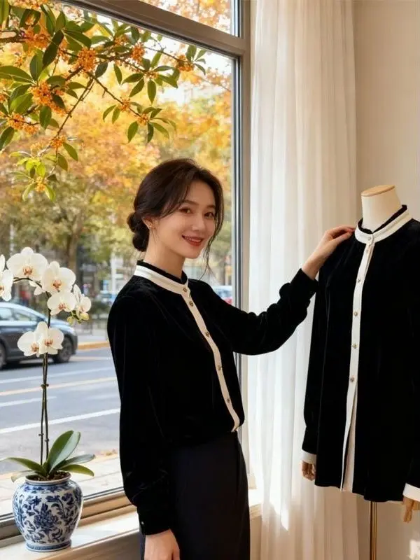 

Корейская универсальная бархатная блузка с длинным рукавом и воротником-стойкой, осенне-зимняя новинка, женский модный топ премиум-класса