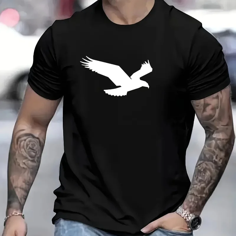 2024 Summer New Men's Simple Fashion Loose T-Shirt Eagle Print Round Neck Solid Color Short-Sleeved T-Shirt Casual Daily Tops