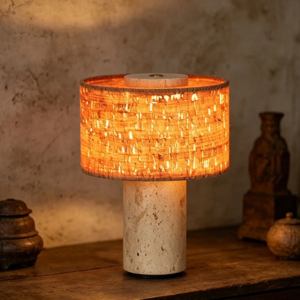 Yellow Cave Stone Rechargeable Touch Desk Lamp Bark Linen Shade Atmosphere Lamp 3-Speed Brightness Adjustable For Home Decor