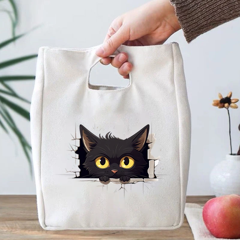 Portable Lunch Bag Cartoon Black Cat Pattern Food Thermal Box Canvas Handbags Women Kids Outdoor Insulated Food Bento Lunch Bags