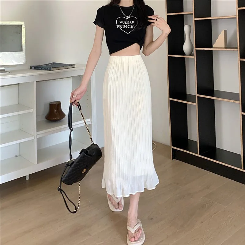 2023 New Summer Fashion Simple Commuting High Waist Covering Belly Casual Mid Length Pleated A-line Wrapped Hip Fishtail Skirt