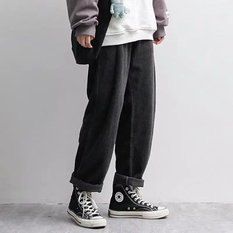 Japanese Corduroy Pants Men Autumn Loose Elastic Waist Solid Color Straight Pants Retro Casual Trousers for Men Baggy Pants