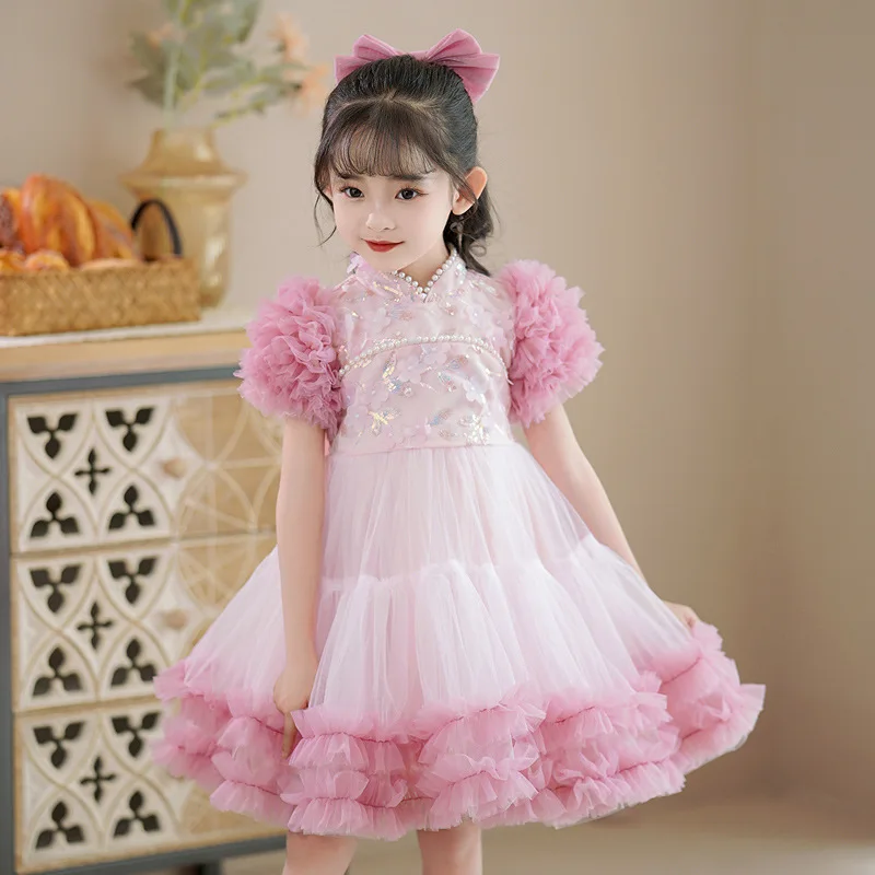 

Girls Princess Dress Chinese Style Cheongsam Mesh Tutu Dresses Cute Flower Short Sleeve Pearl Collar Performance Costume