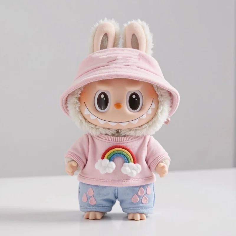 

Doll Clothes for Labubu V1 V2 V3 17cm Doll Summer Clothes Rainbow Top Jeans Hat Three-piece Set Cartoon Cute Toy DIY Accessories